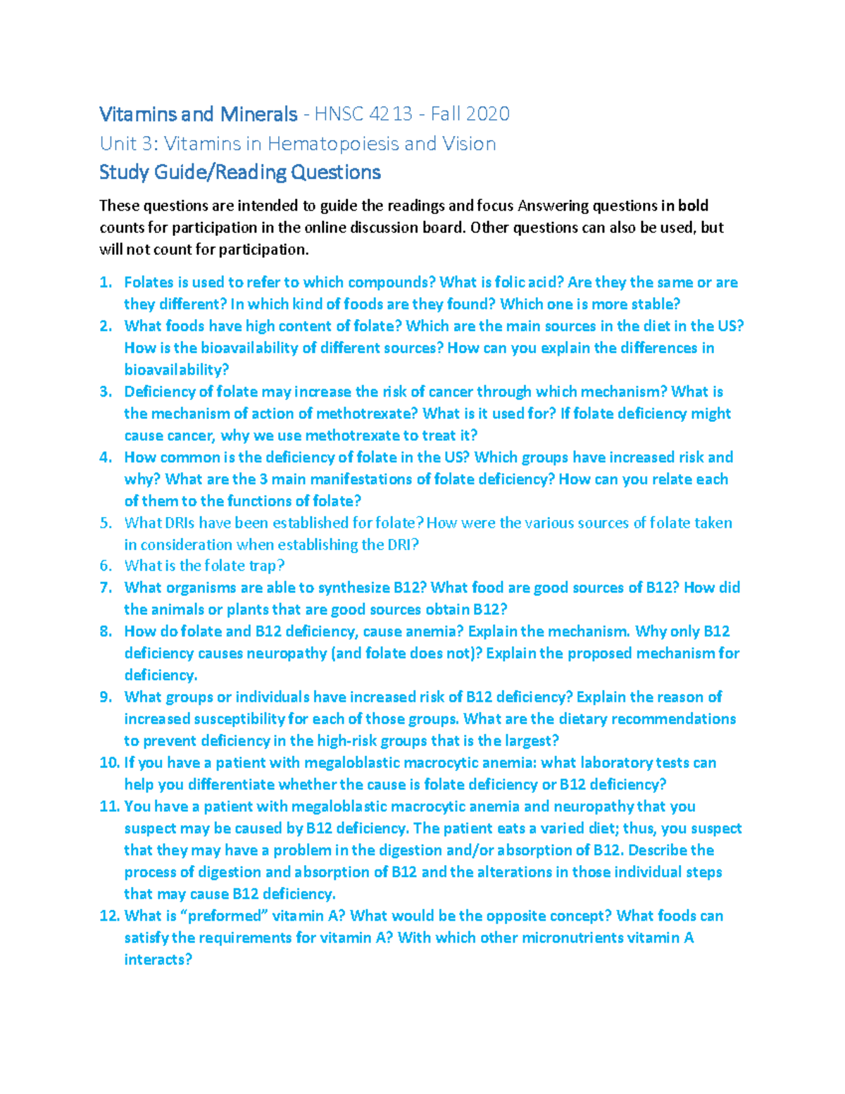 HNSC 4213 Reading Questions Unit 3 2010 11 Vitamins and