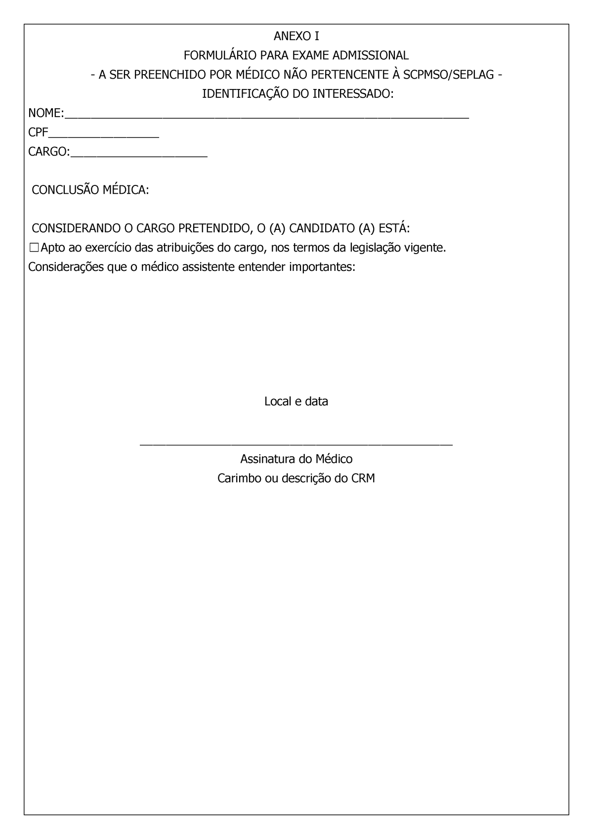 Anexo I Trtabalho Anexo I FormulÁrio Para Exame Admissional A Ser Preenchido Por MÉdico 5714