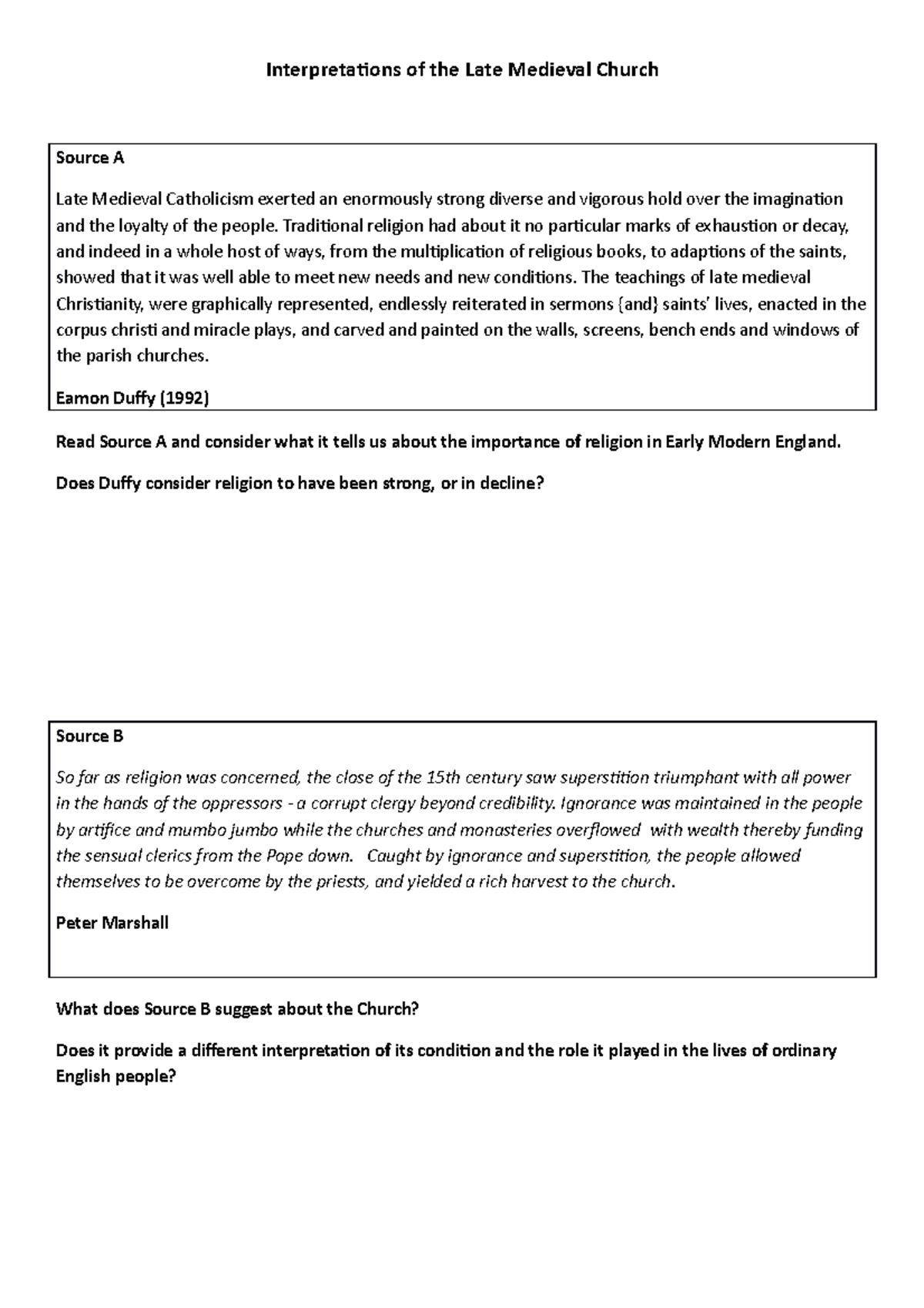 Note sheet interpretations of the Late Medieval Church ...