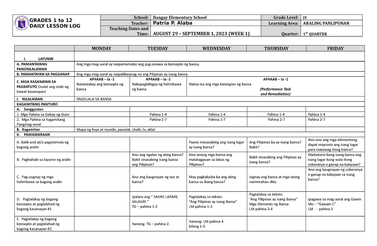 DLL Araling Panlipunan 4 Q1 W1 - GRADES 1 To 12 DAILY LESSON LOG School ...