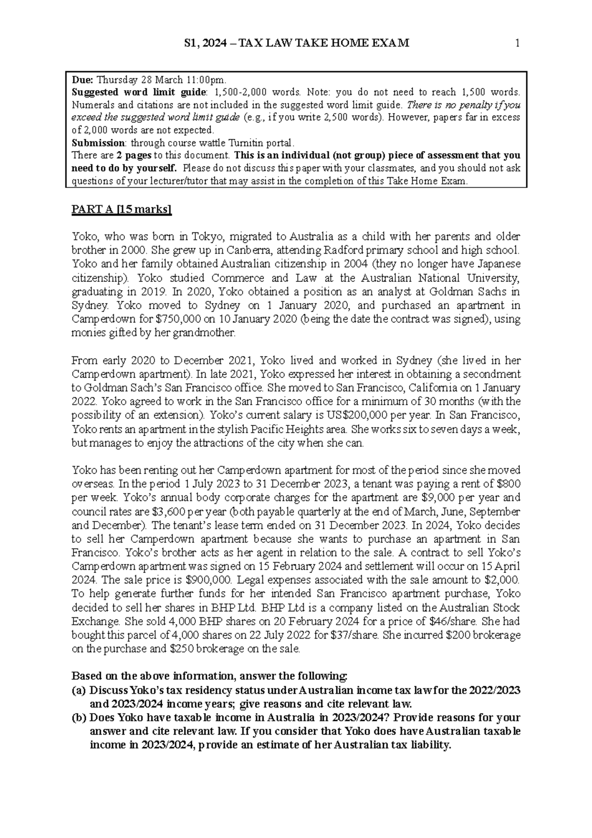 S1 2024 - Tax Law Take Home Exam - S1, 2024 – TAX LAW TAKE HOME EXAM 1 ...