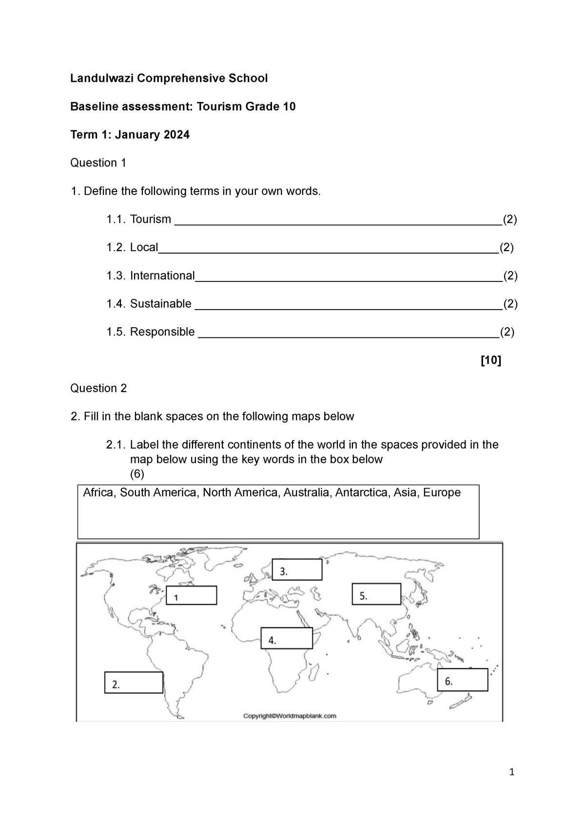 Grade 10 Tourism Baseline 2024 122453 Landulwazi Comprehensive School