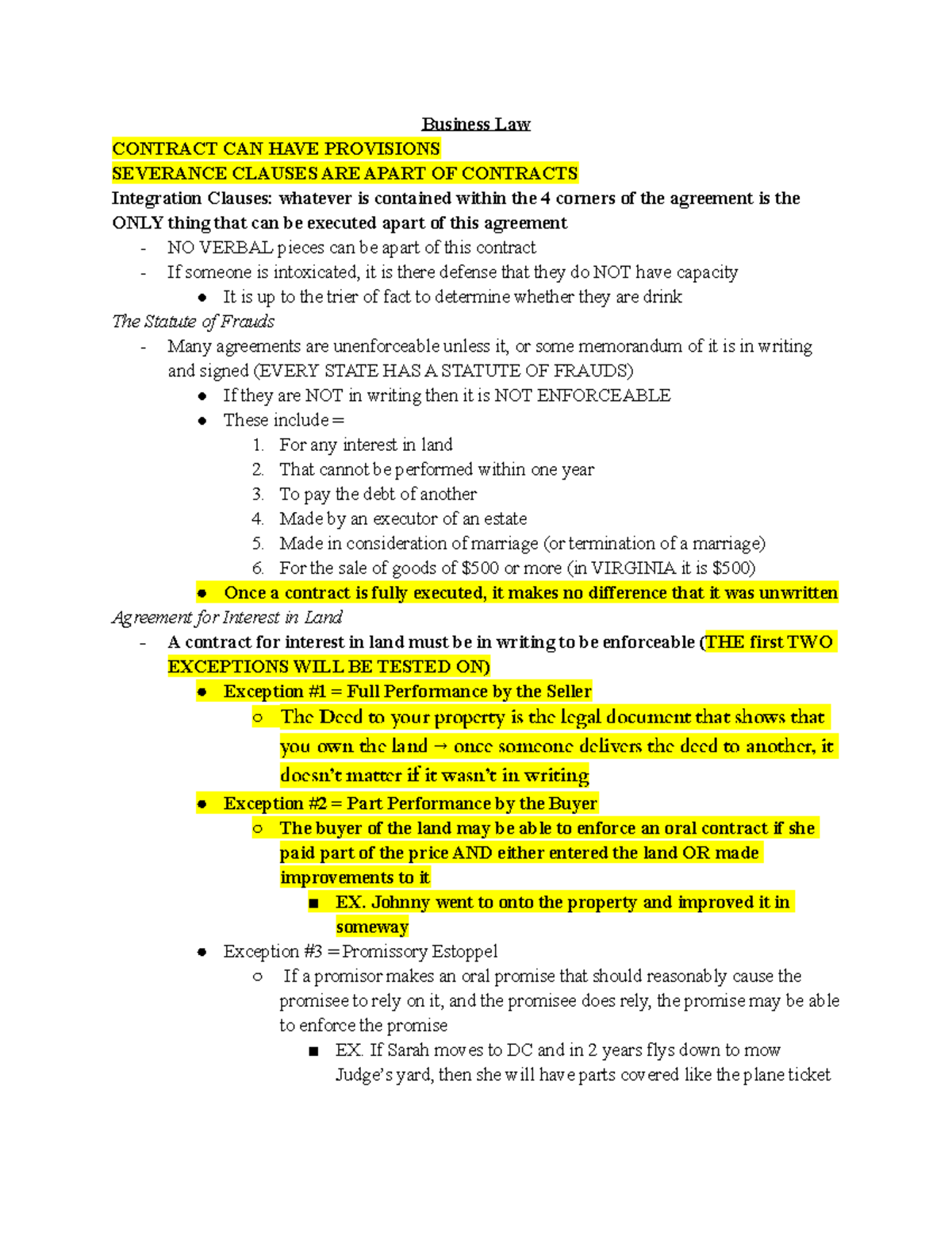 Clauses and Statute of Frauds Business Law CONTRACT CAN HAVE