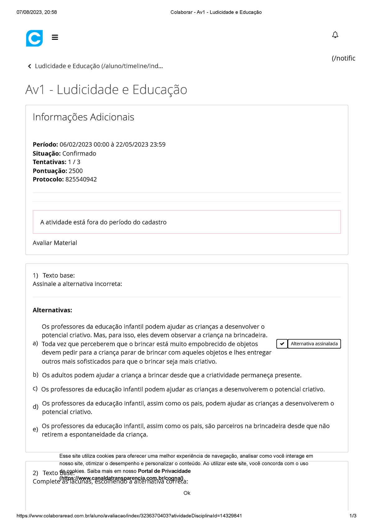 Colaborar - Av1 - Ludicidade E Educação - 07/08/2023, 20:58 Colaborar ...