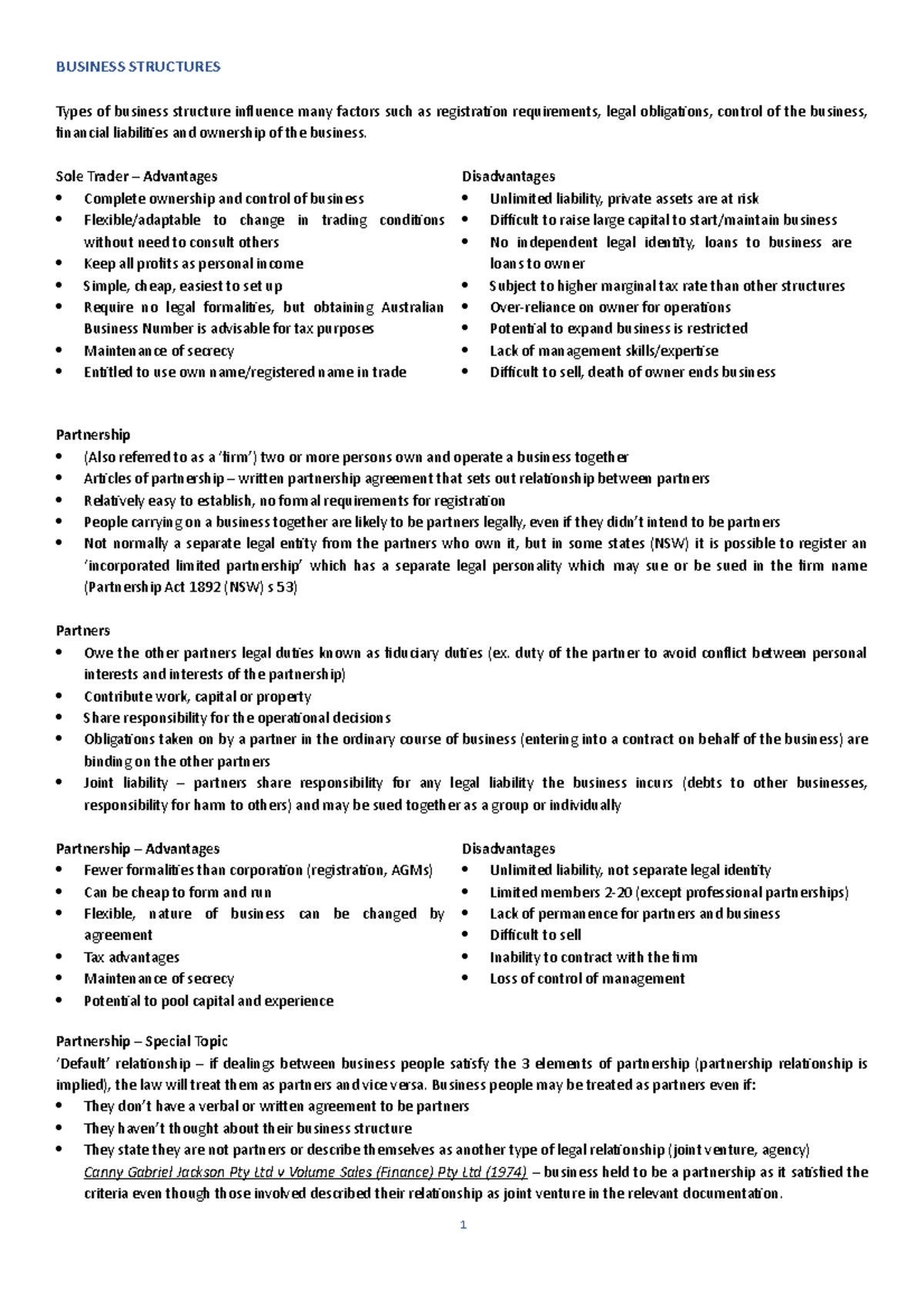 Exam notes - Business structures - BUSINESS STRUCTURES Types of ...