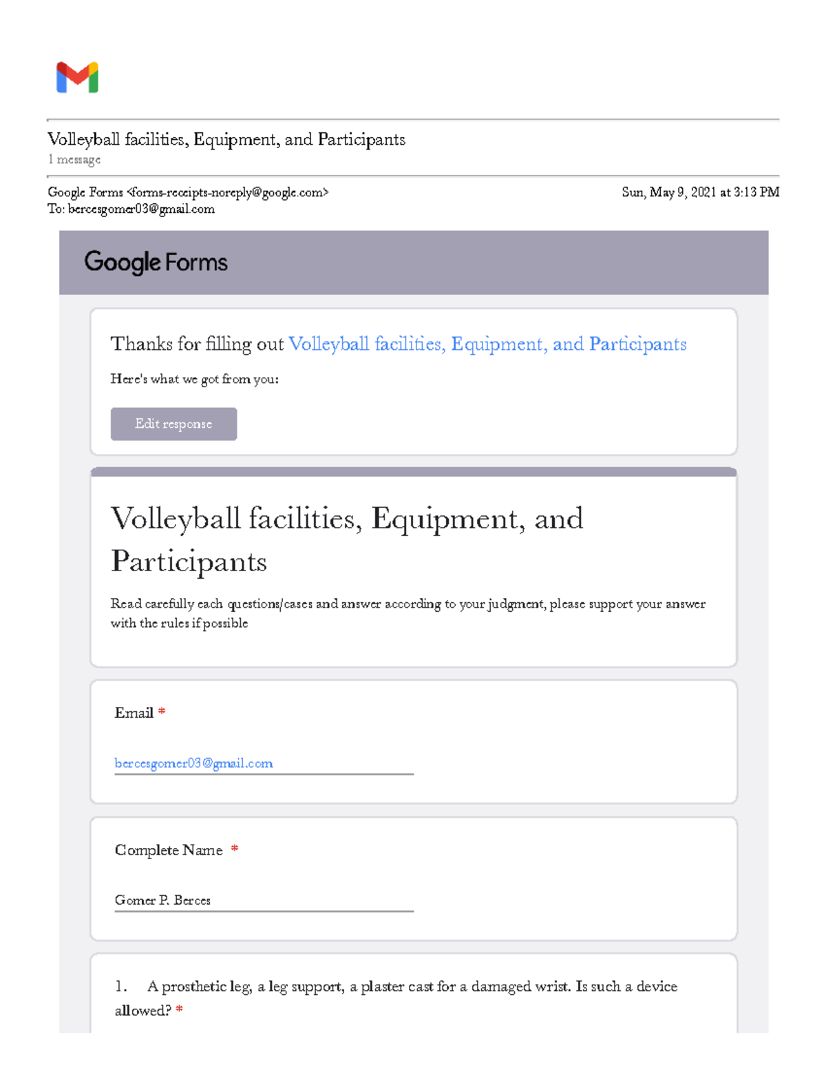 Gmail Volleyball facilities, Equipment, and Participants Volleyball