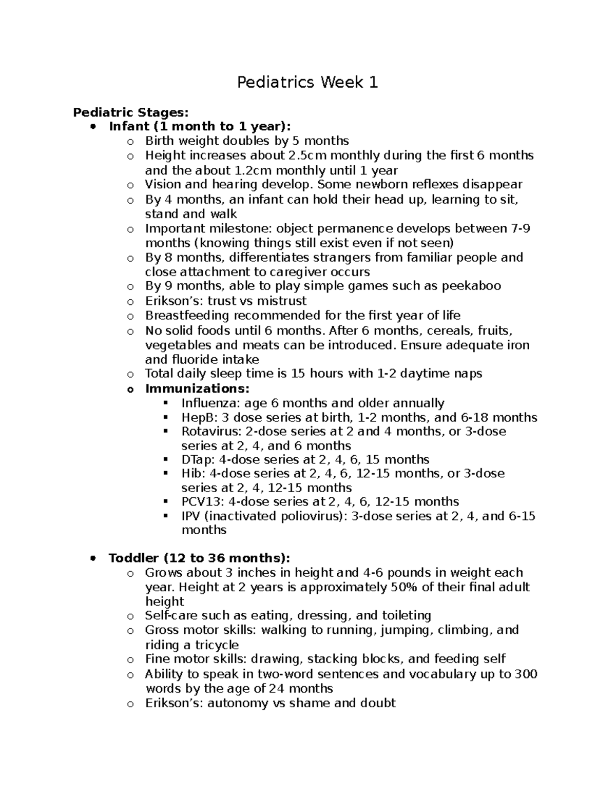 Pediatrics Notes - Pediatrics Week 1 Pediatric Stages: Infant (1 month ...