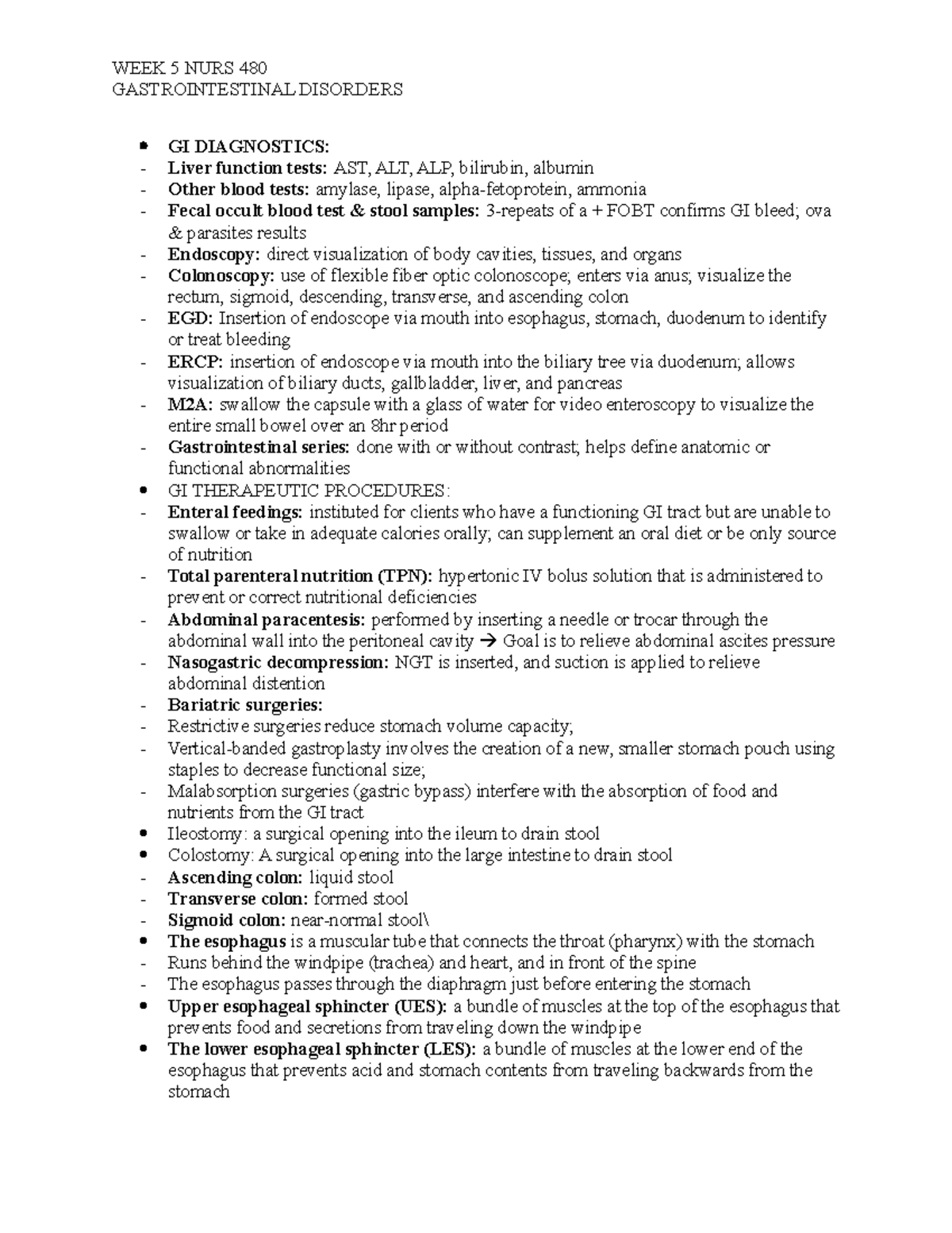 WEEK 5 GASTROINTESTINAL SYSTEM GASTROINTESTINAL DISORDERS GI