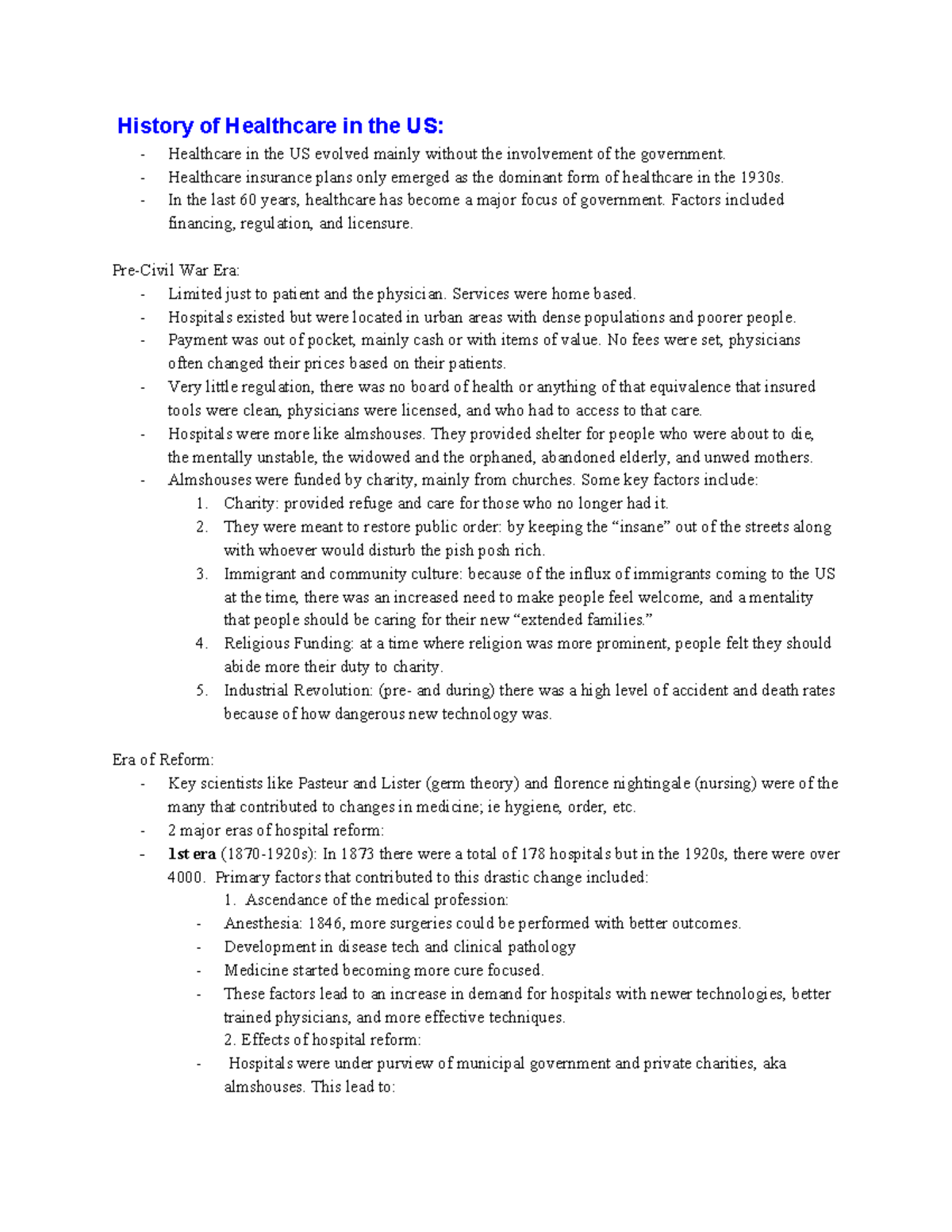 Midterm Study Guide - History of Healthcare in the US: Healthcare in ...
