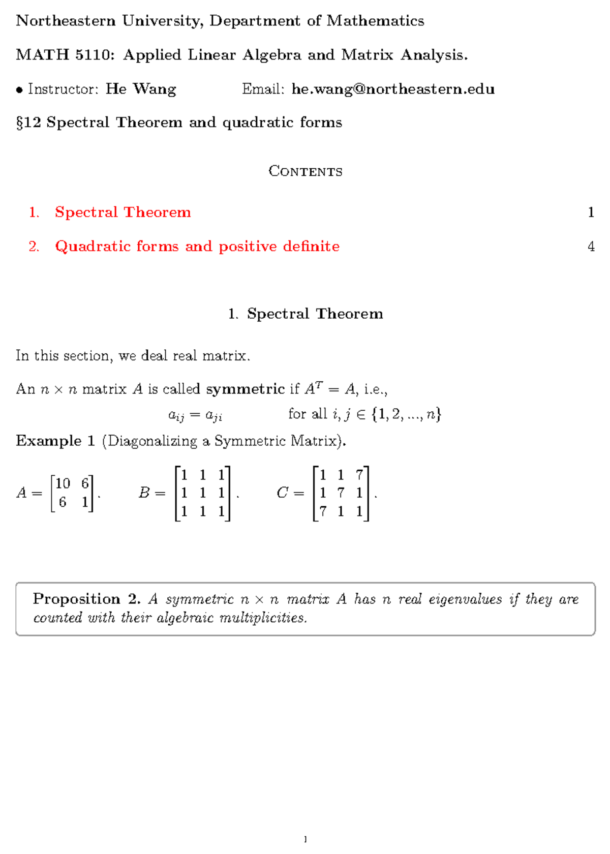 Lec12Draft Professor He Wang Northeastern University, Department of