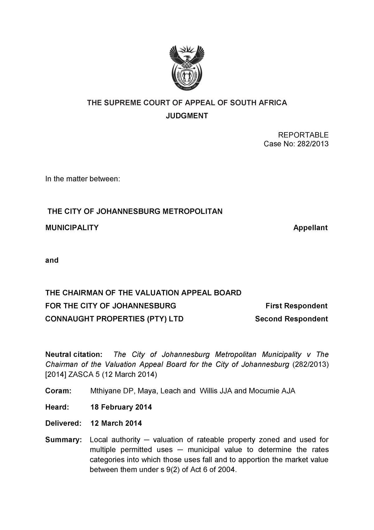 City of Johannesburg Metropolitan Municipality v Chairman of the ...