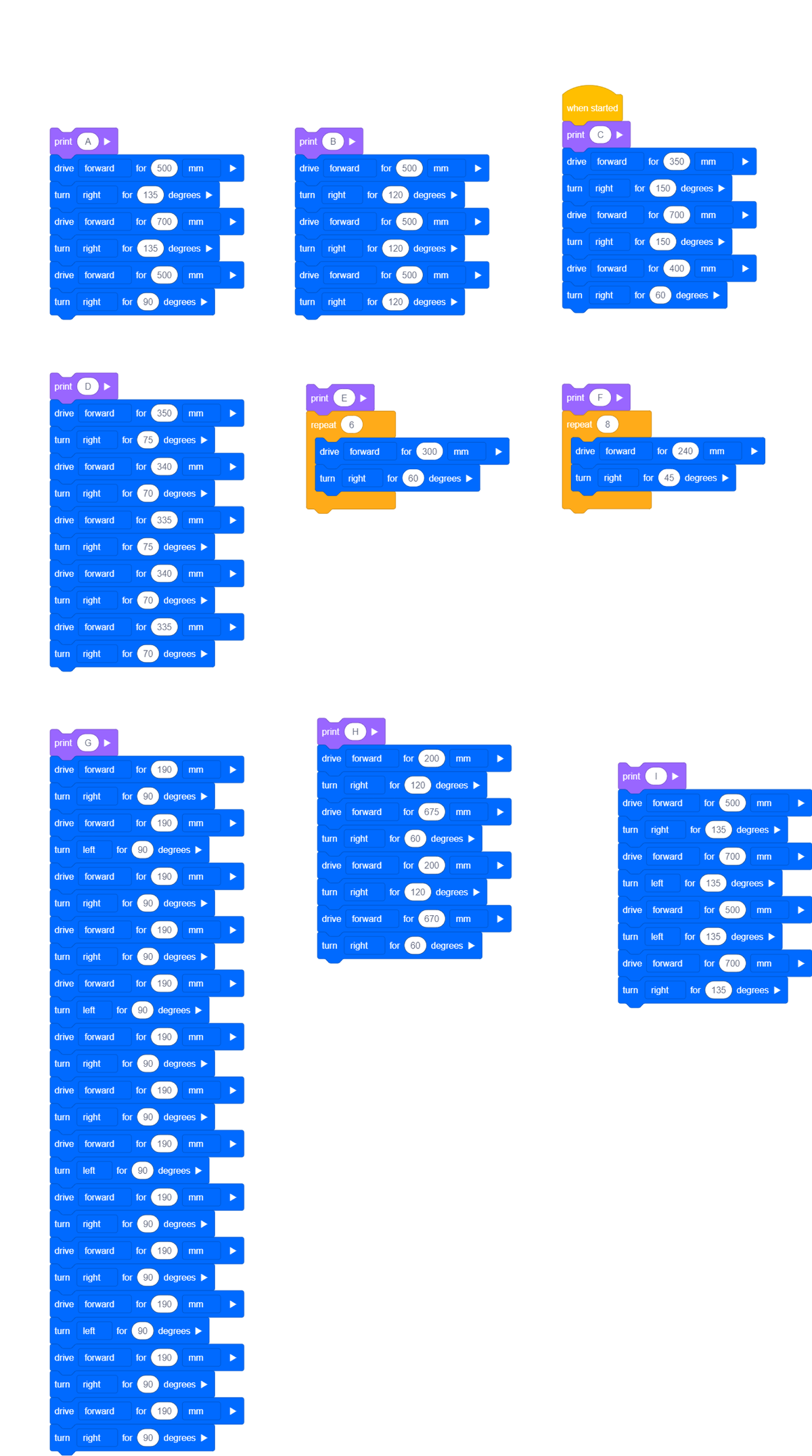 VEXcode Project - POW - when started print C A print B drive forward ...