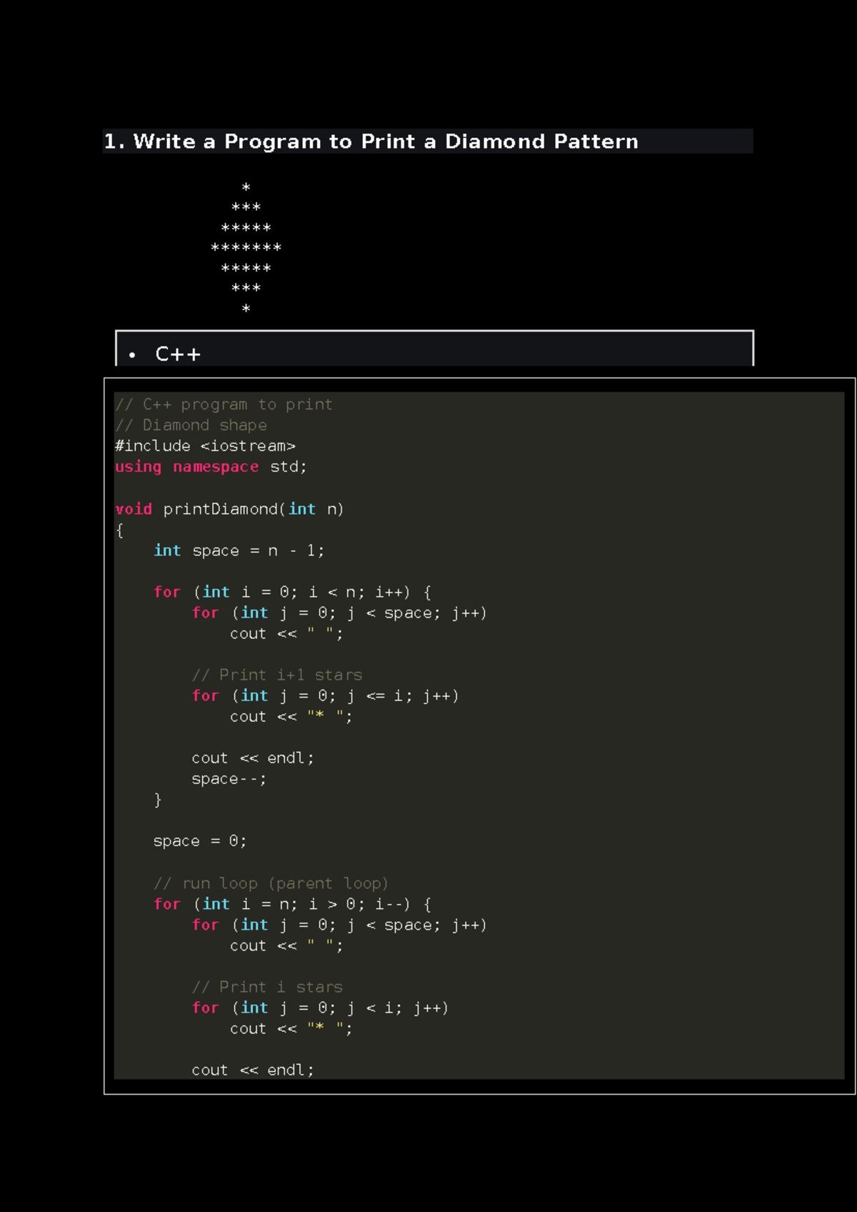 C++pattern - vcxv c c - 1. Write a Program to Print a Diamond Pattern