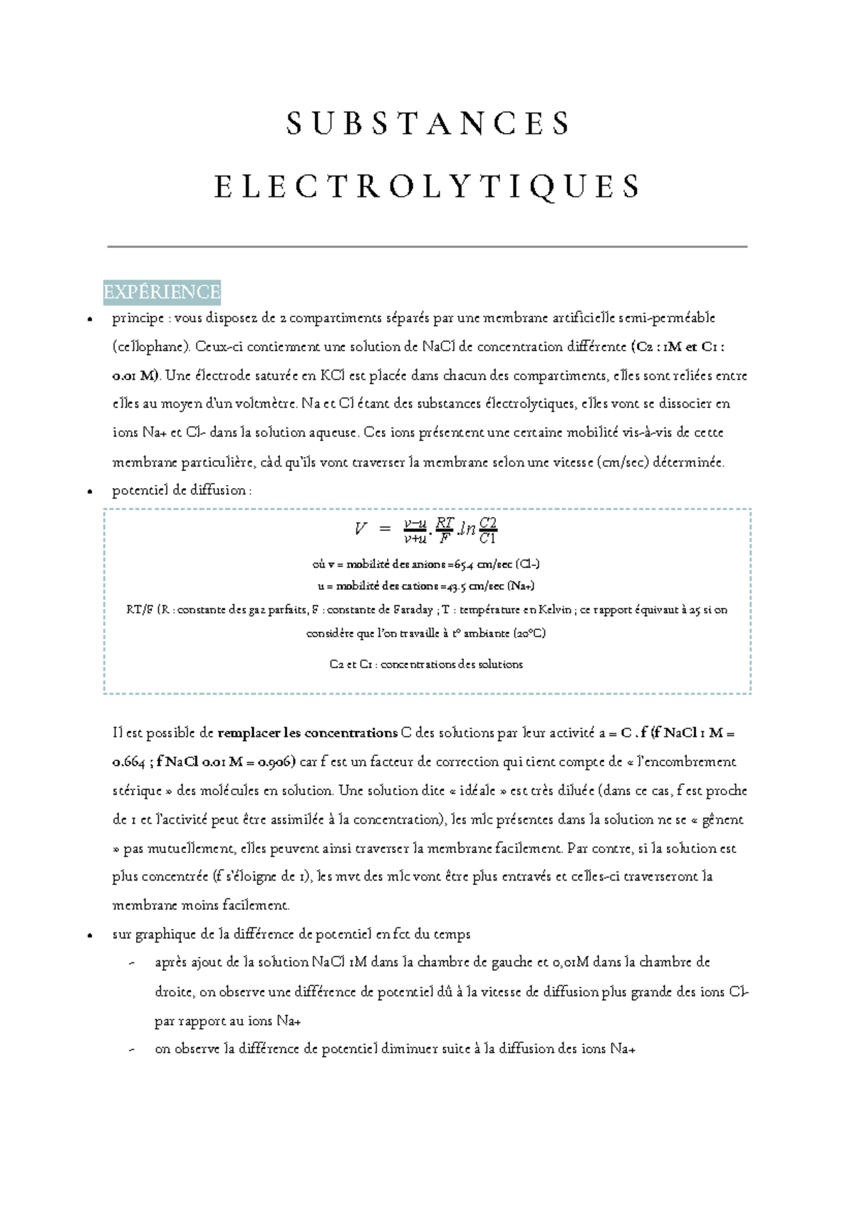 Transports Membranaires De Substances Electrolytiques Studocu