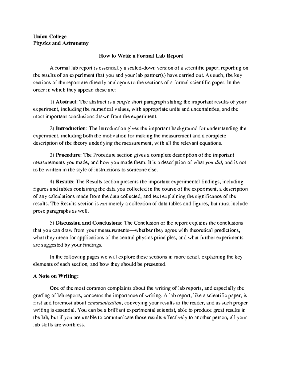 How to Write a Lab Report - Union College Physics and Astronomy How to ...