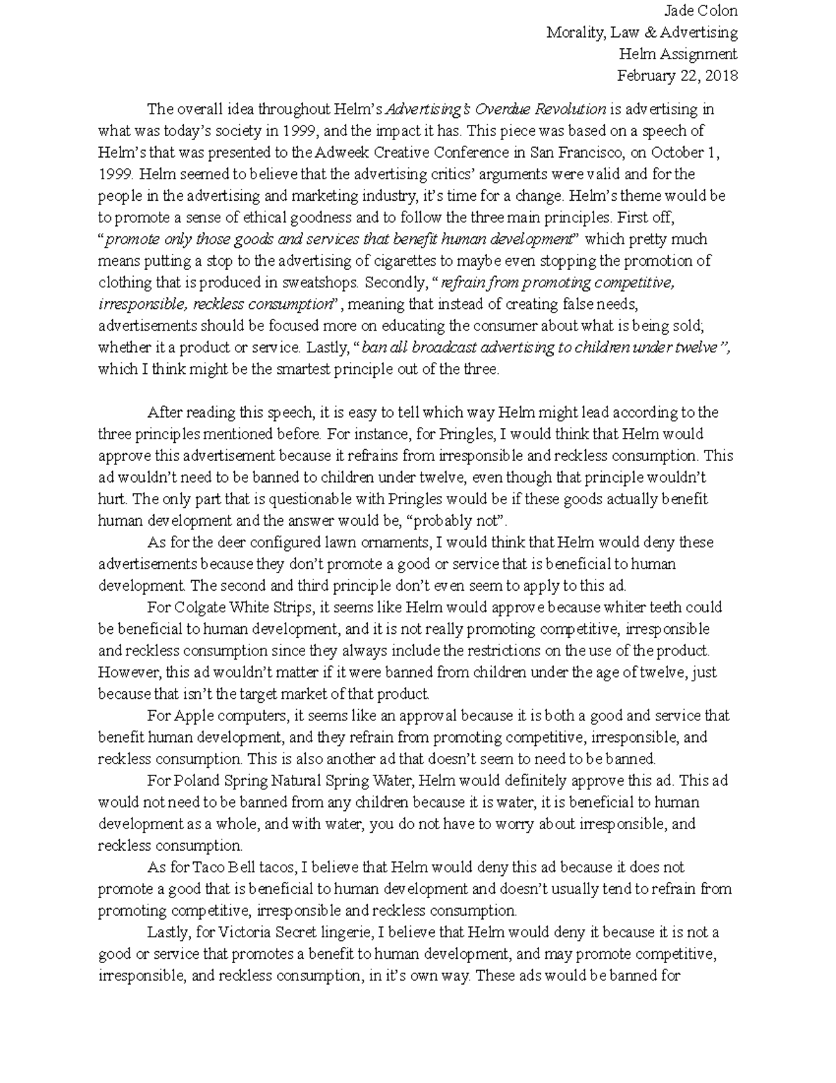 HELM assignment morality - Jade Colon Morality, Law & Advertising Helm ...