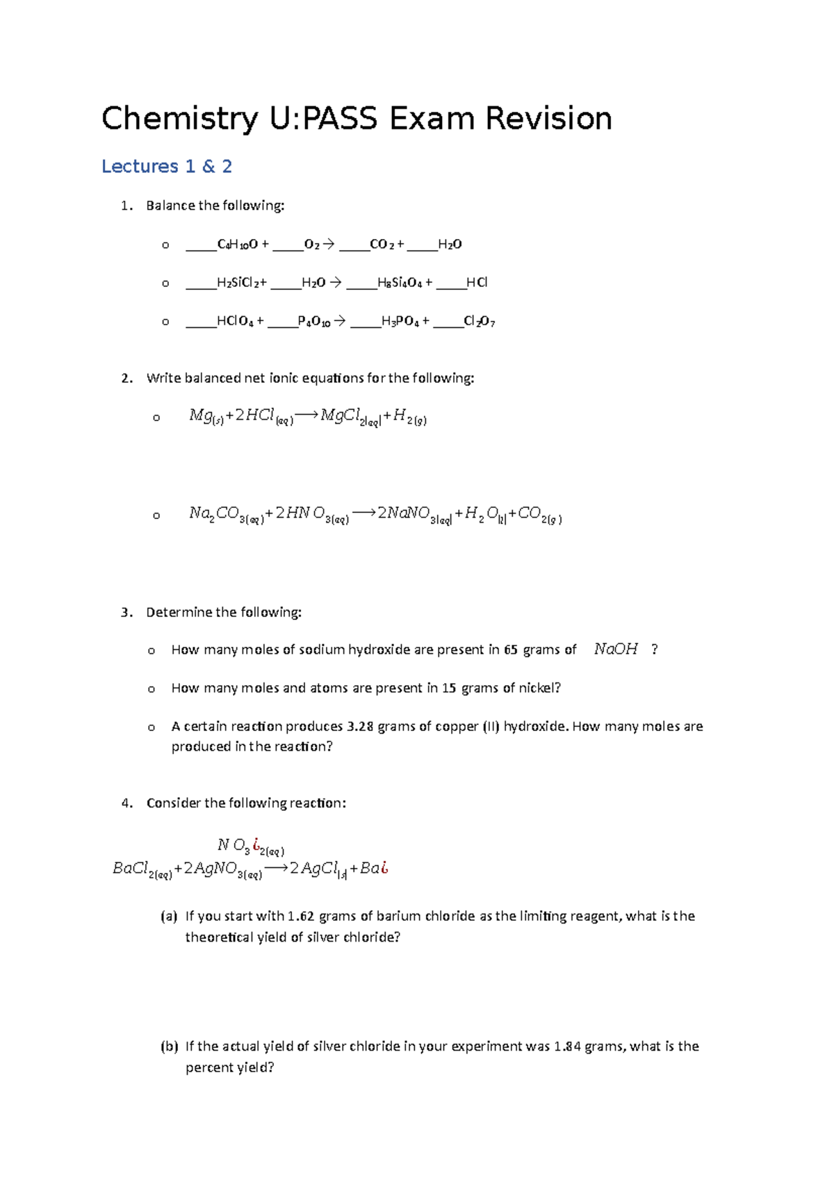 Final Exam Revision Chemistry UPASS Exam Revision Lectures 1 & 2