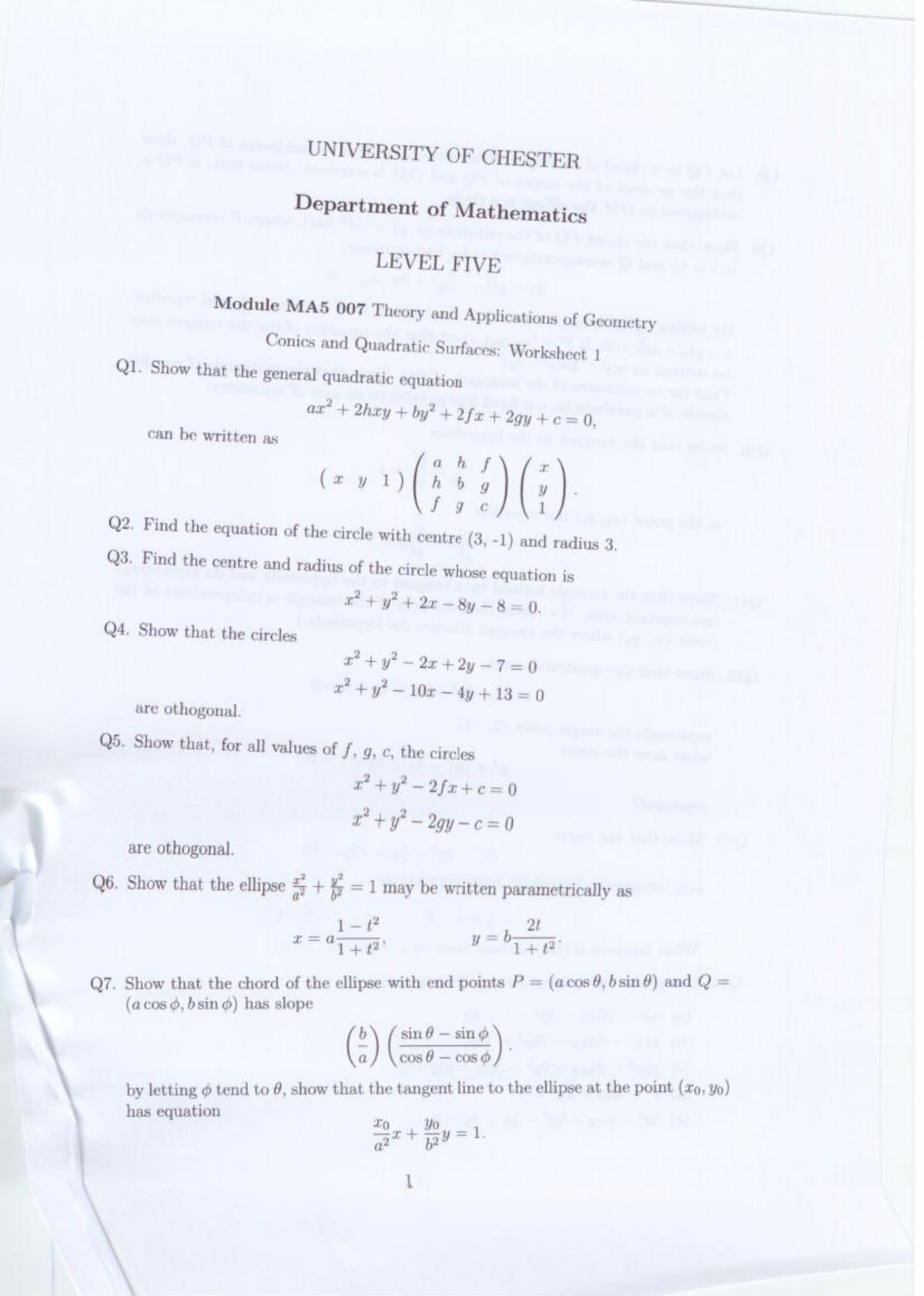 Conics WS1 part1 solns - Geometry Worksheet - MA5007 - Studocu