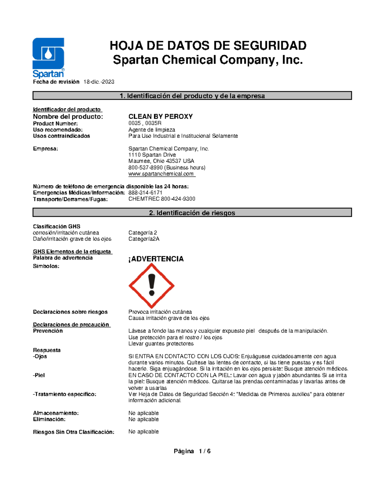 FDS- Clean BY Peroxy Spartan - Fecha de revisión 18-dic.- 1 ...