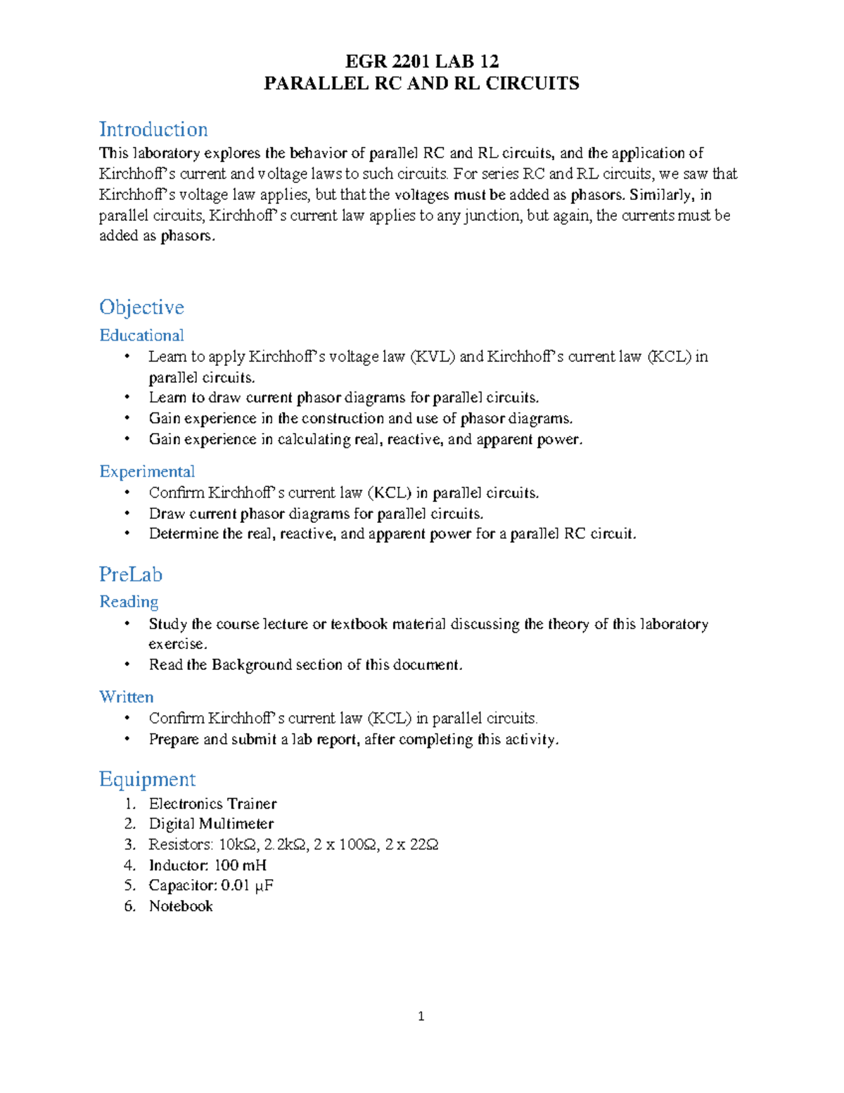 EGR 2201 Circuit LAB 12 PARALLEL RC AND RL CIRCUITS Introduction This
