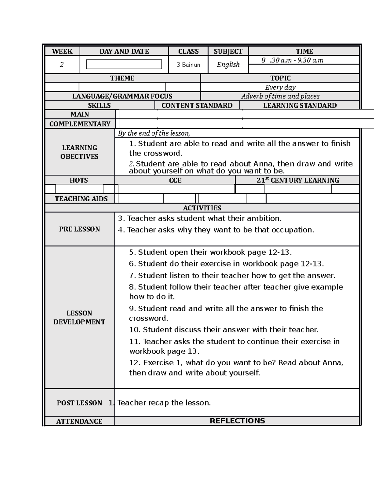 EXAMPLE LESSON PLAN TEACHING METHOD - WEEK DAY AND DATE CLASS SUBJECT ...
