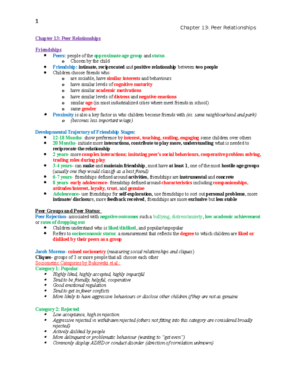 Chapter 13 Lecture Notes - 1 Chapter 13: Peer Relationships Chapter 13 ...