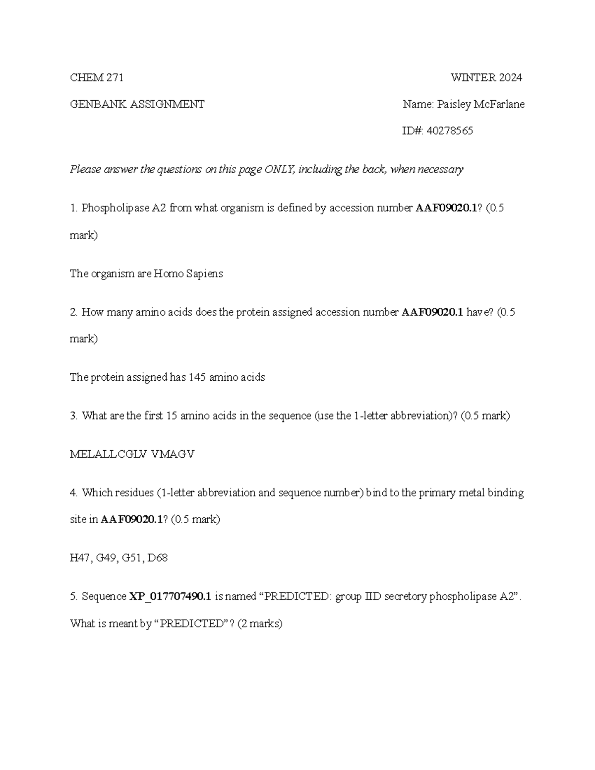 Paisley McFarlane - Genbank Assignment - CHEM 271 WINTER 2024 GENBANK ...