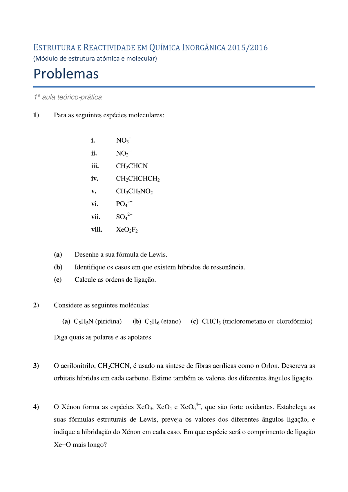 Problemas Tp 1 15 16 Exercicios De Quimica 2 Estrutura E Reactividade Em QuÍmica InorgÂnica 5919