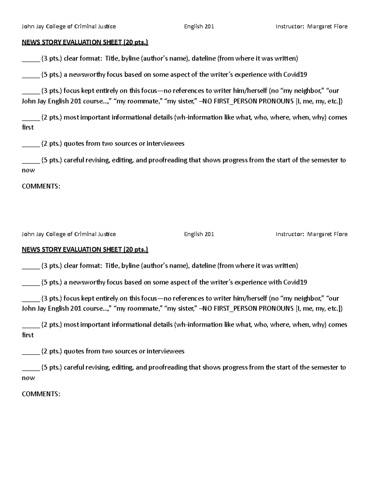 5.4.20 NEWS Story Evaluation Sheet 20 PTS John Jay College of