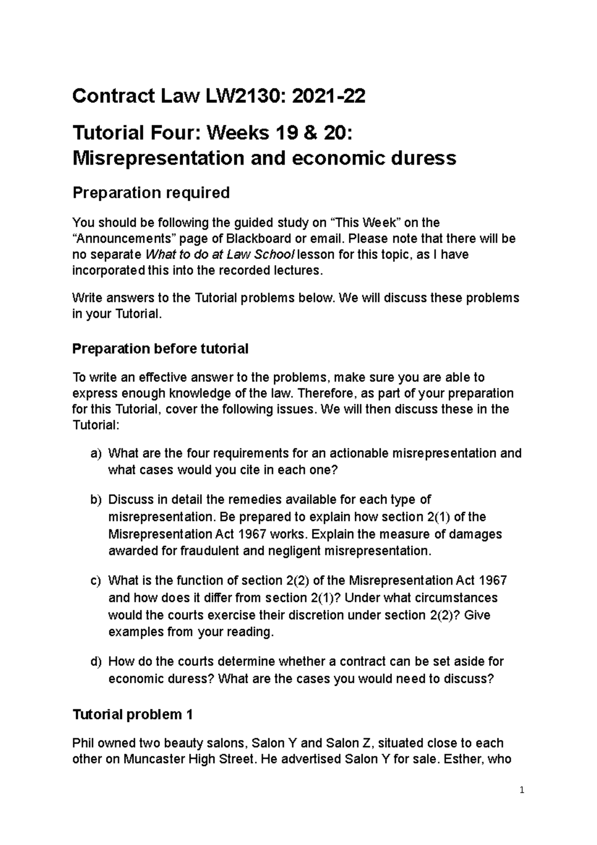 Tutorial 4 - Contract Law LW2130: 2021- Tutorial Four: Weeks 19 & 20 ...