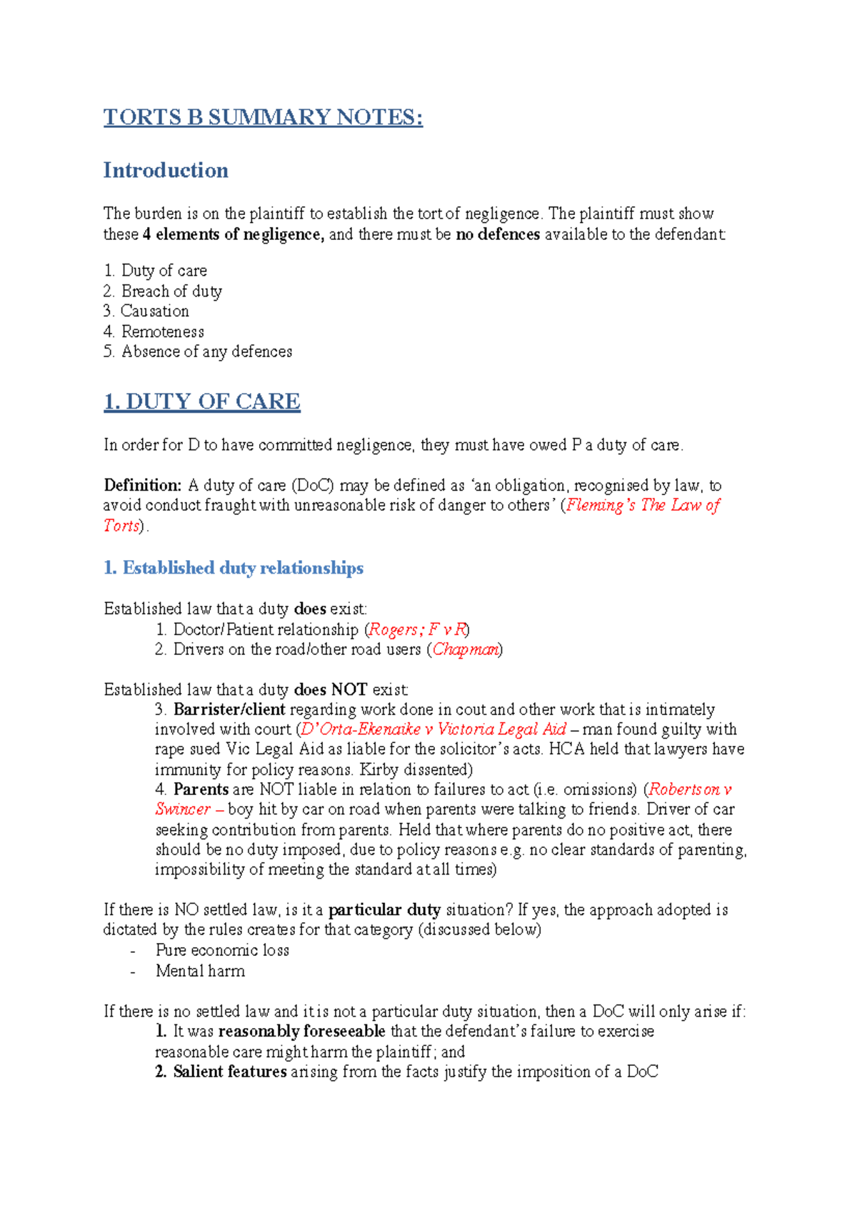 Torts B Notes - TORTS B SUMMARY NOTES: Introduction The Burden Is On ...