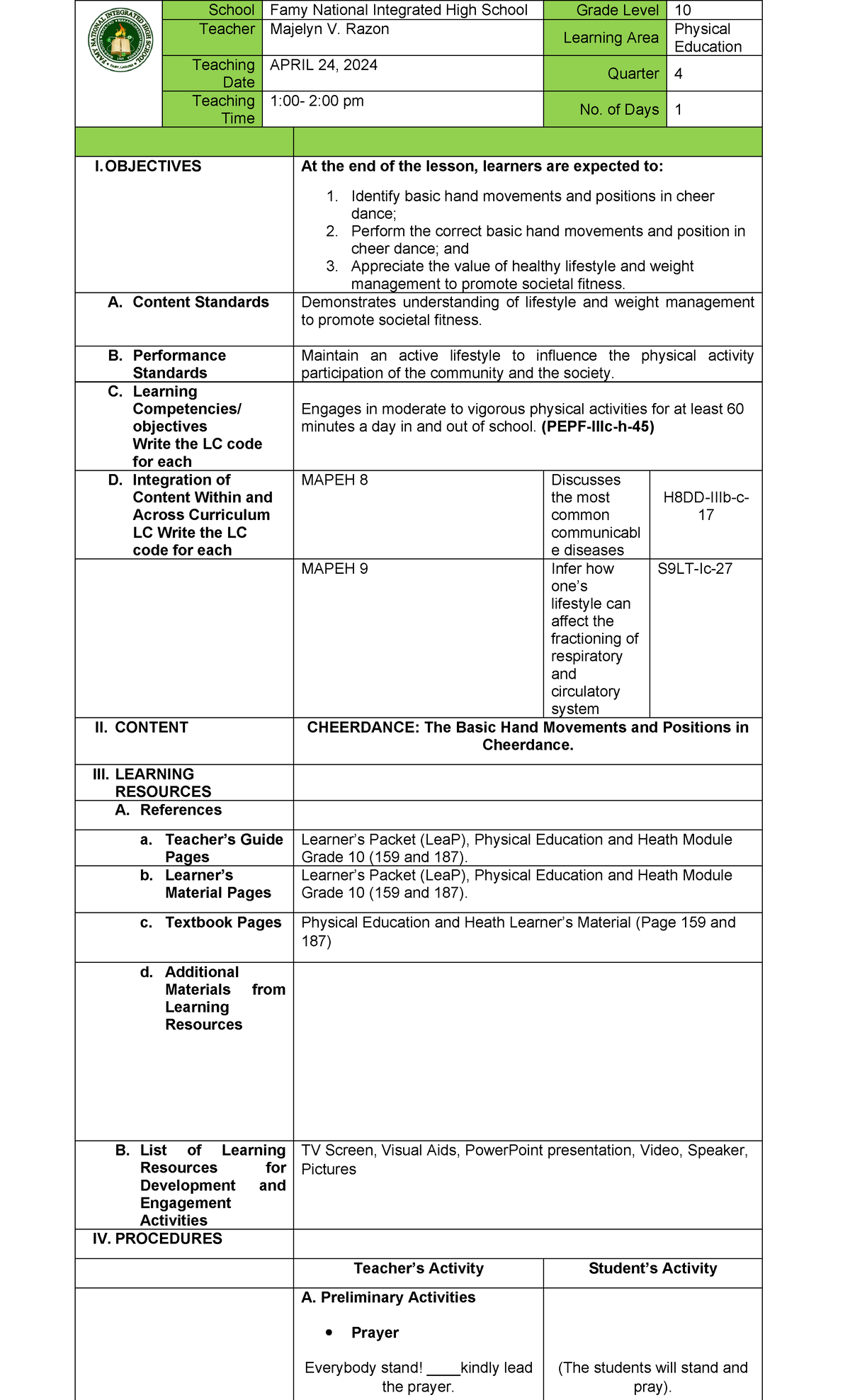 Lesson Plan For demo in health - School Famy National Integrated High ...