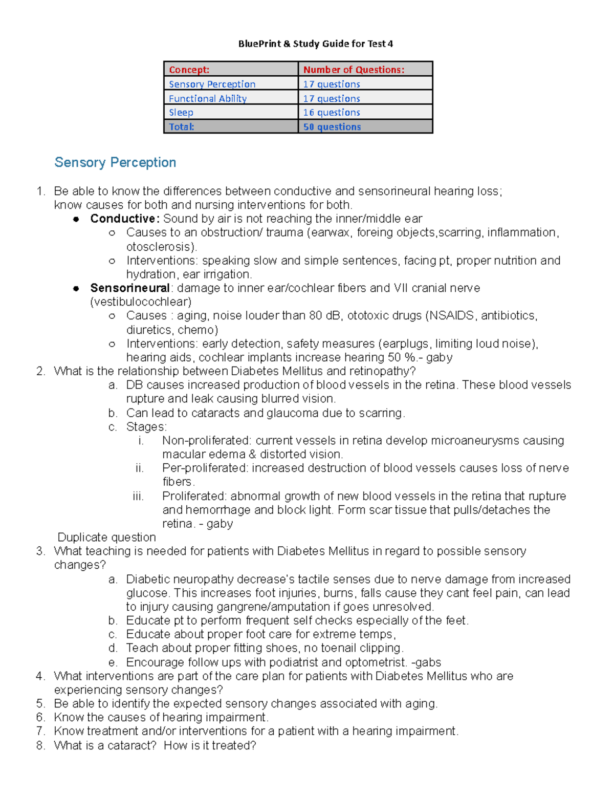 EXAM 4 Sensory Perception, Functional Ability, Sleep BluePrint & Study Guide for Test 4