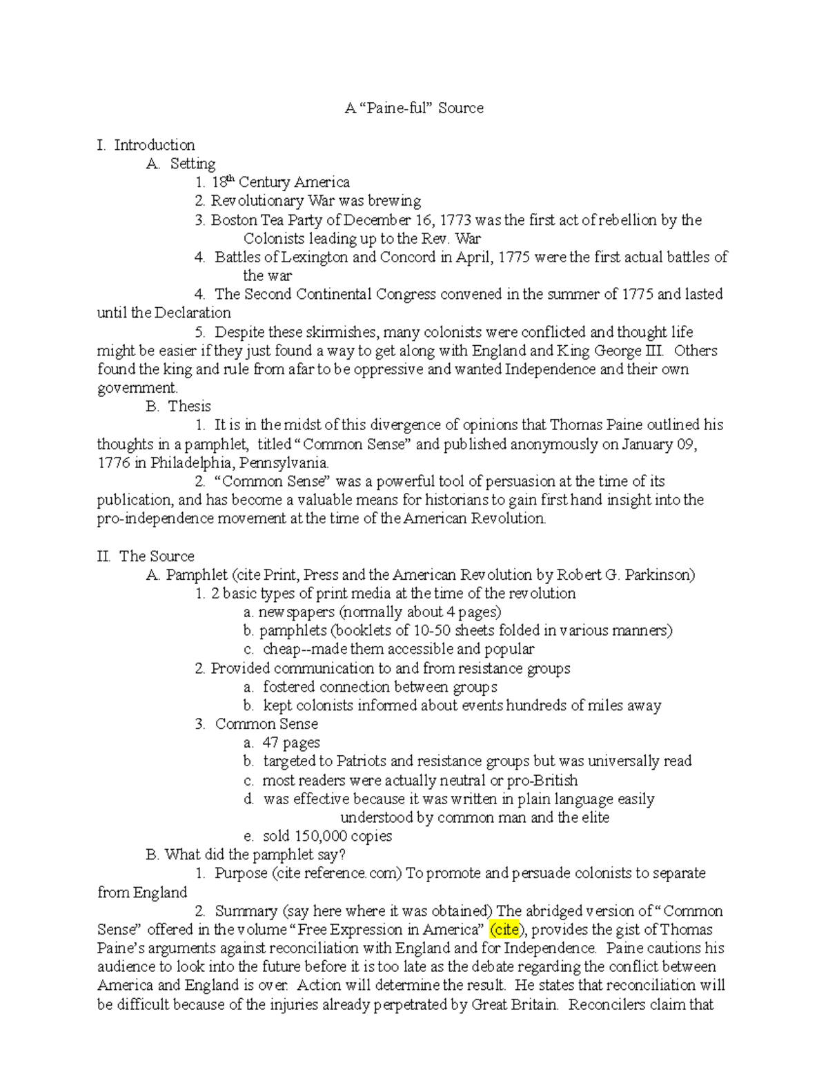 College Freshman History Primary Source Analysis - A “Paine-ful” Source ...