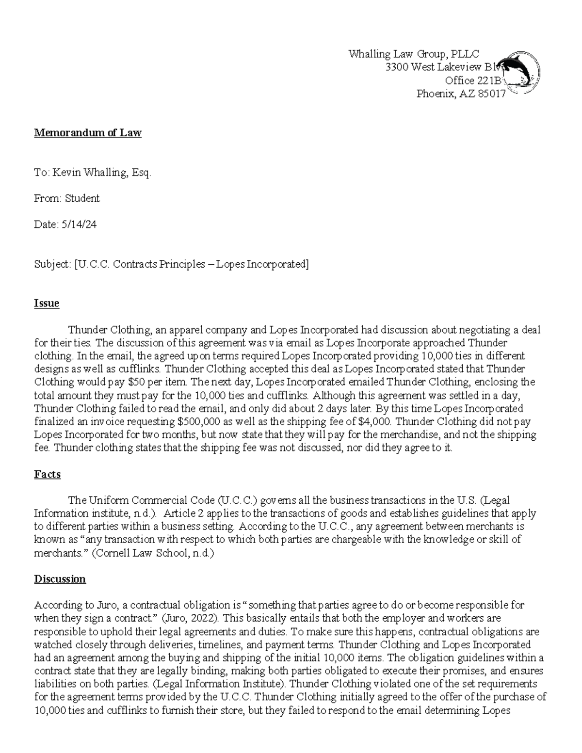 GOV-360 - Memorandum of Law - Whalling Law Group, PLLC 3300 West ...