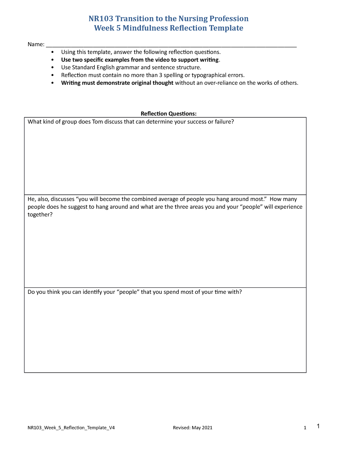 NR103 Week5 Reflection Template May2021 - NR103 Transition to the ...