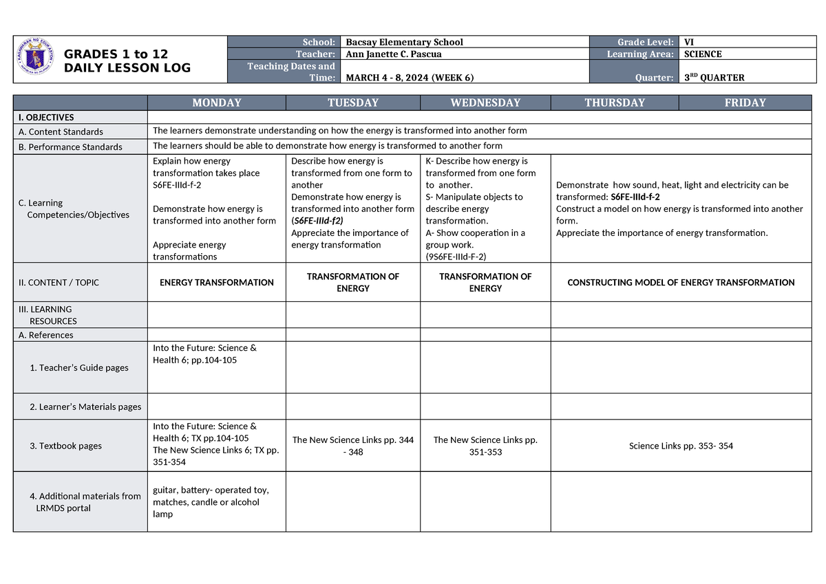 DLL Science 6 Q3 W6 - DLL - GRADES 1 To 12 DAILY LESSON LOG School ...