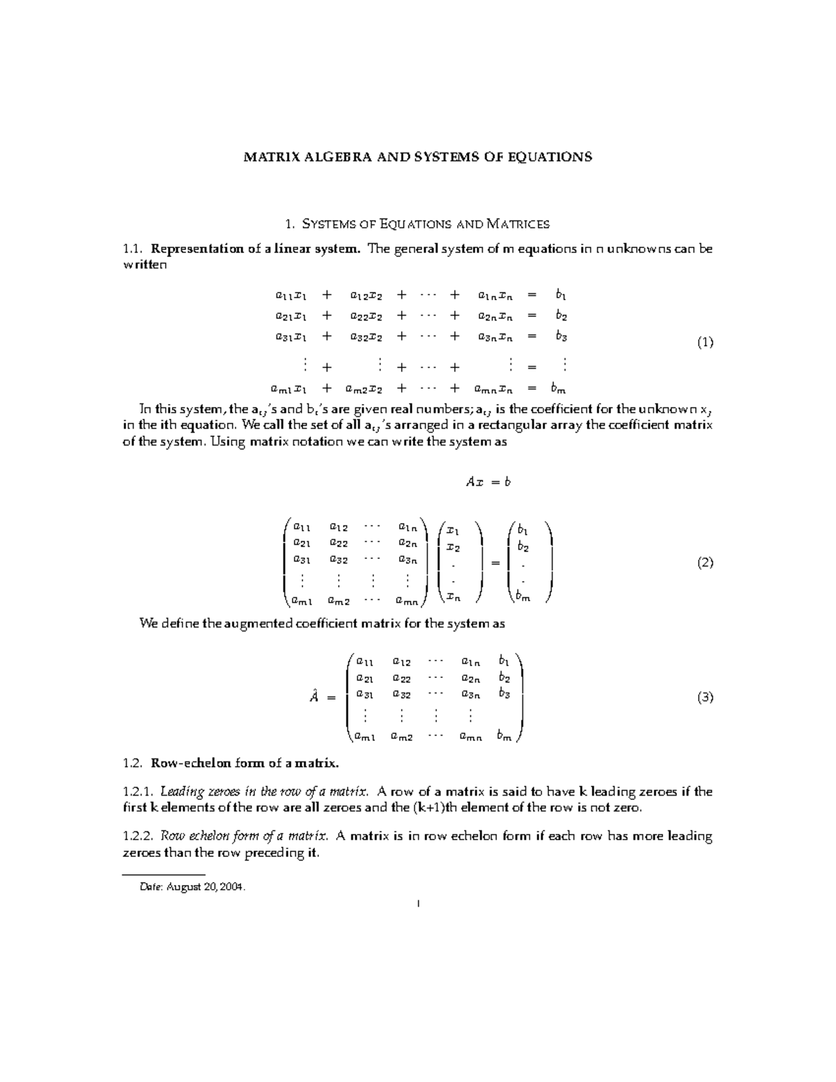 Matrix Equations 1 Systems Ofequations Andmatrices Representation Of A Linear System The