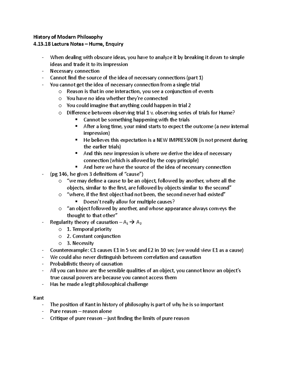 HMP 4.13 (L) Hume, Causation History of Modern Philosophy 4.13 Lecture Notes Hume, Enquiry
