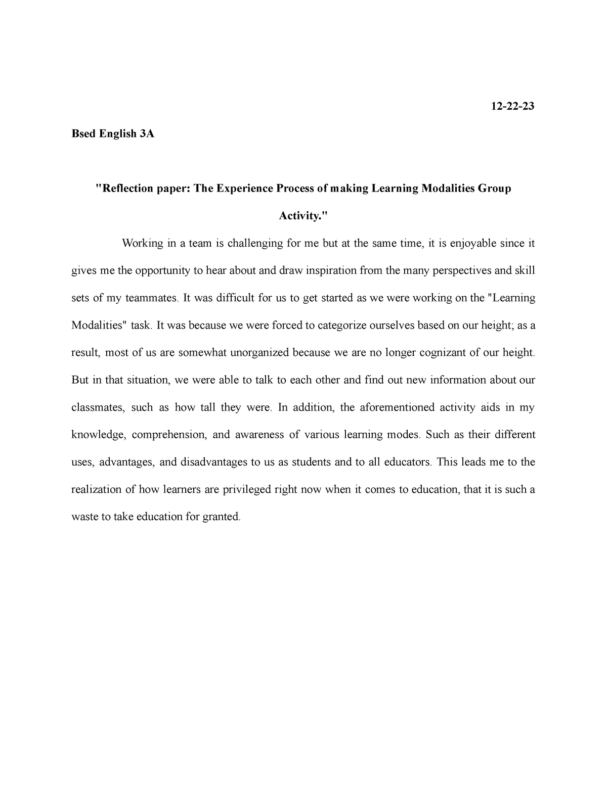 - LM Reflection - Essay about Learning modalities - 12-22- Bsed English ...