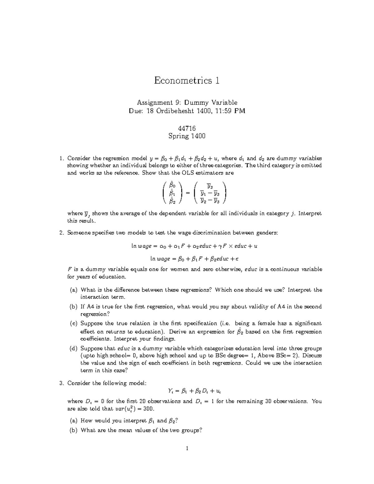 PS09 econometrics Econometrics 1 Assignment 9 Dummy Variable Due