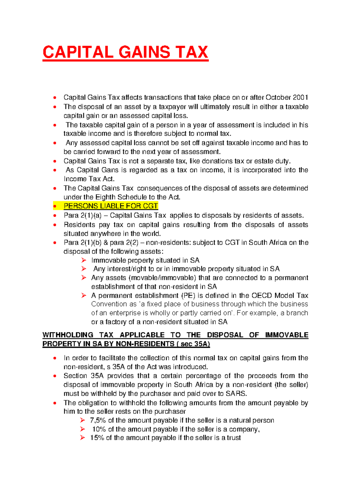 Capital Gains tax - Summary Tax Law: Basic Principles - CAPITAL GAINS ...