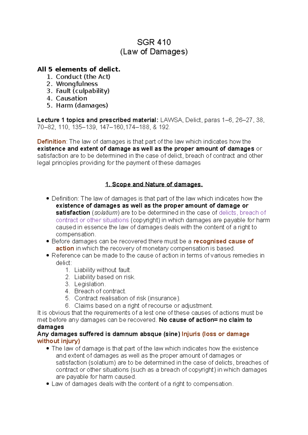 SGR 410 Notes SGR 410 (Law of Damages) All 5 elements of delict. 1