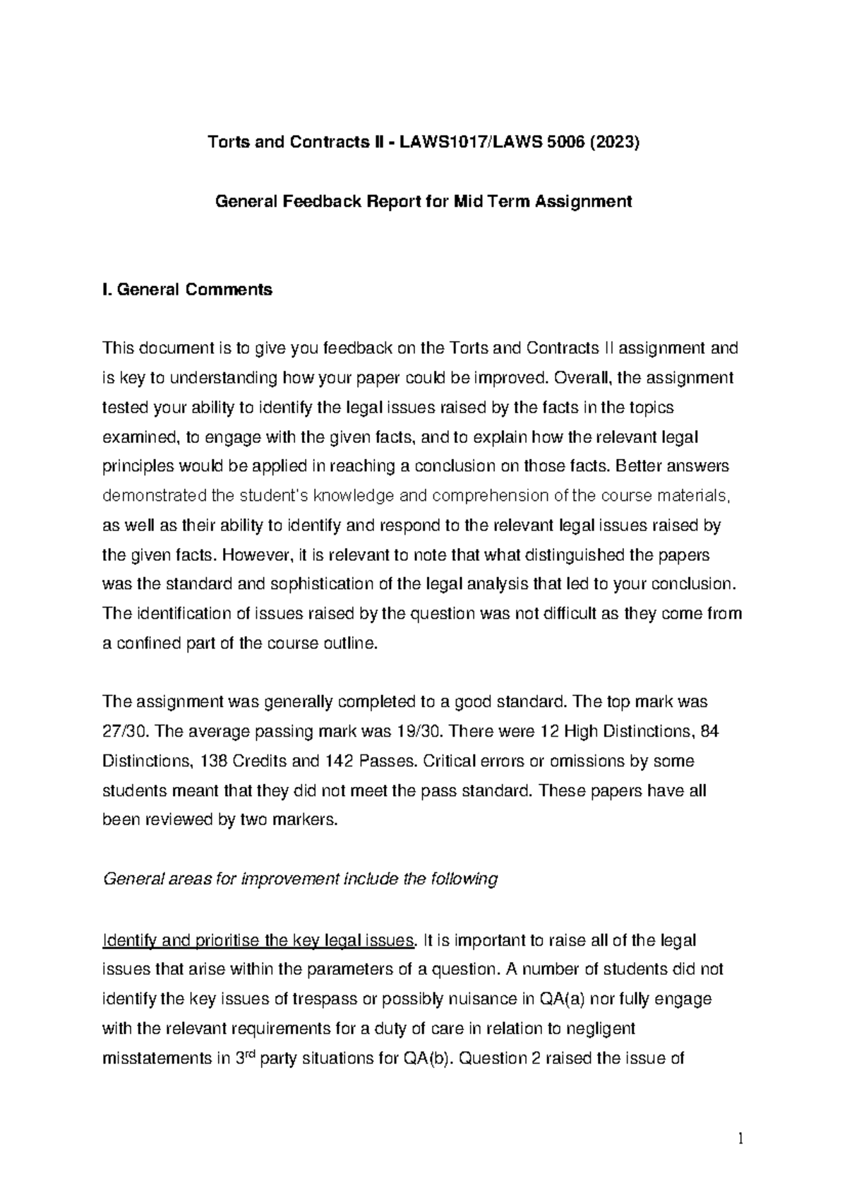 Feedback Report Interim Assignment - Torts and Contracts II - LAWS1017 ...