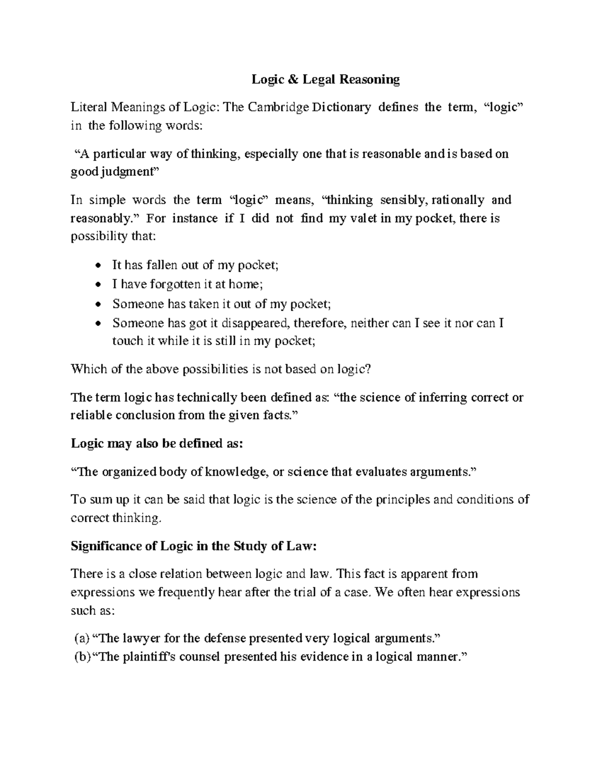 Logic reasoning Logic & Legal Reasoning Literal Meanings of Logic