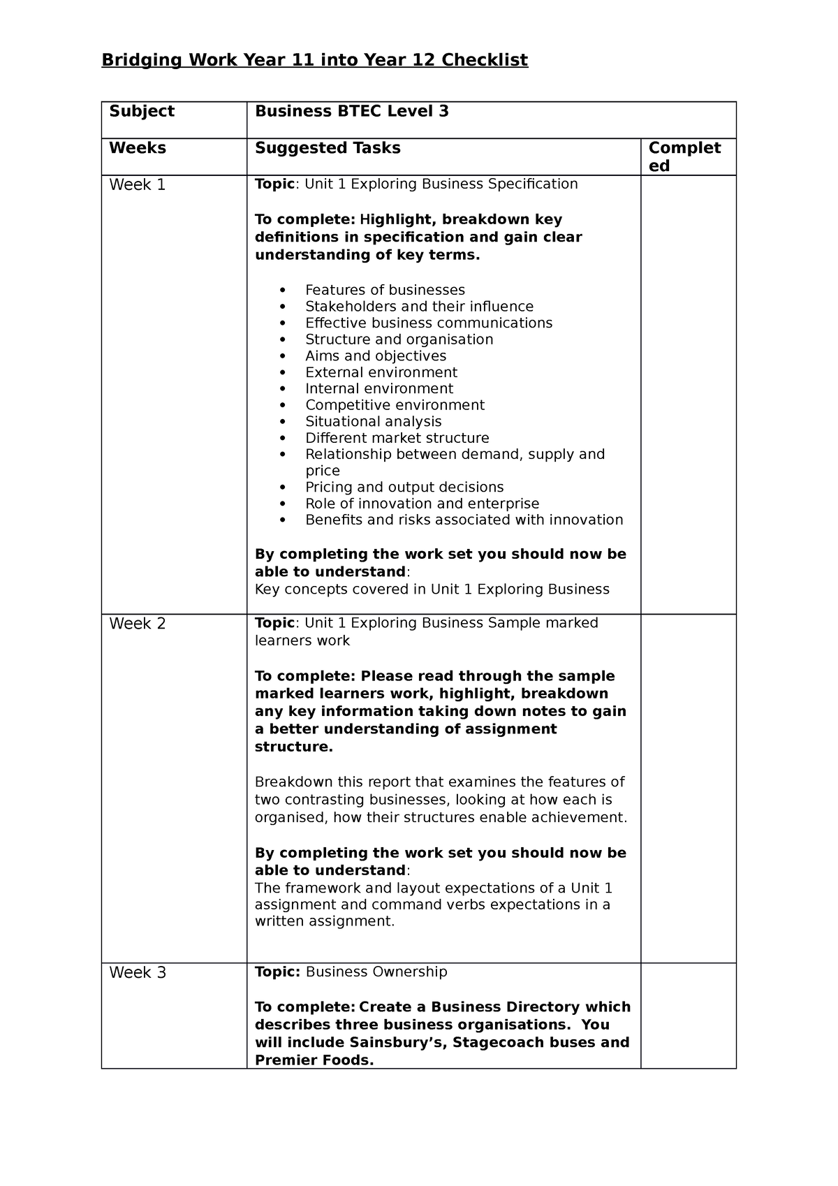 y11-into-y12-checklist-business-subject-business-btec-level-3-weeks