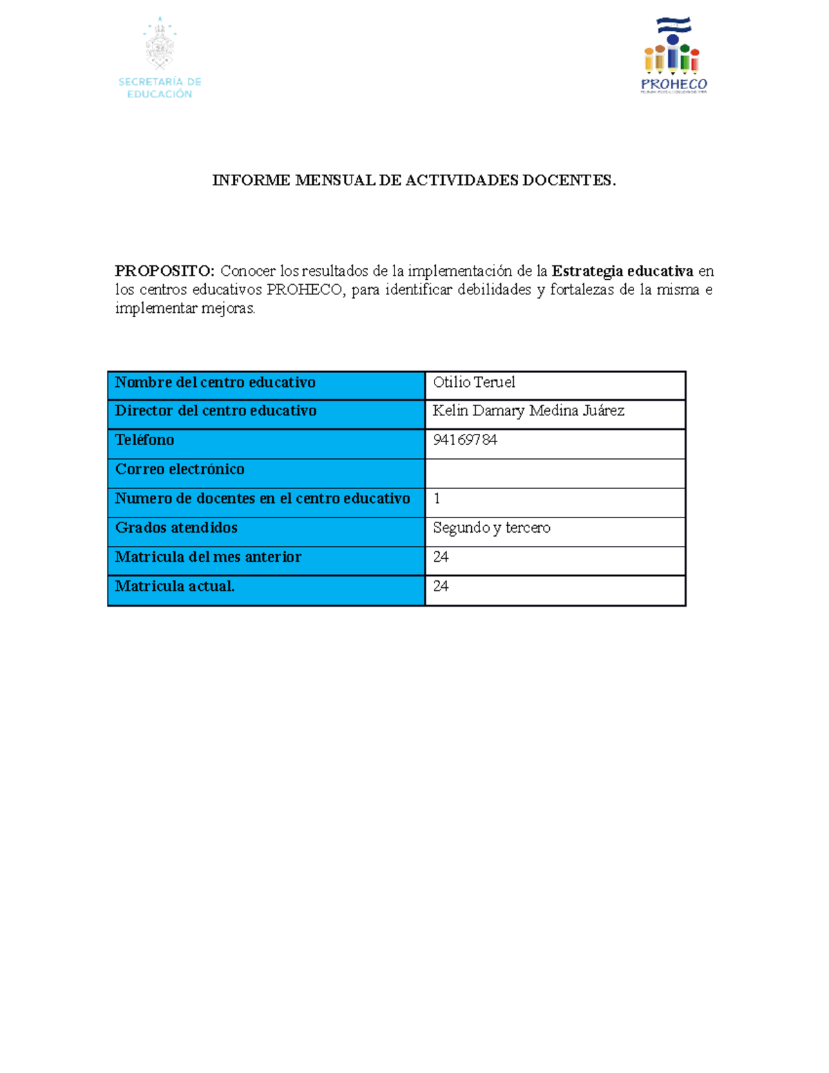 Informe Mensual DE Actividades Docentes - INFORME MENSUAL DE ...