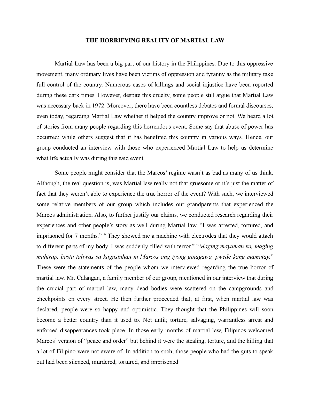 Assessments Essay About Martial Law THE HORRIFYING REALITY OF 