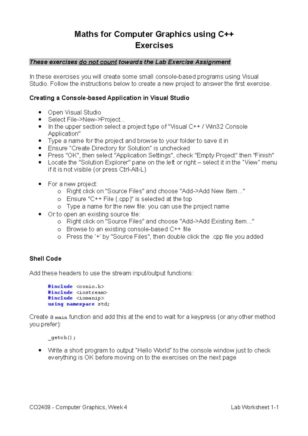 CO2409-4 Lab Worksheet - Maths for Computer Graphics using C++ ...