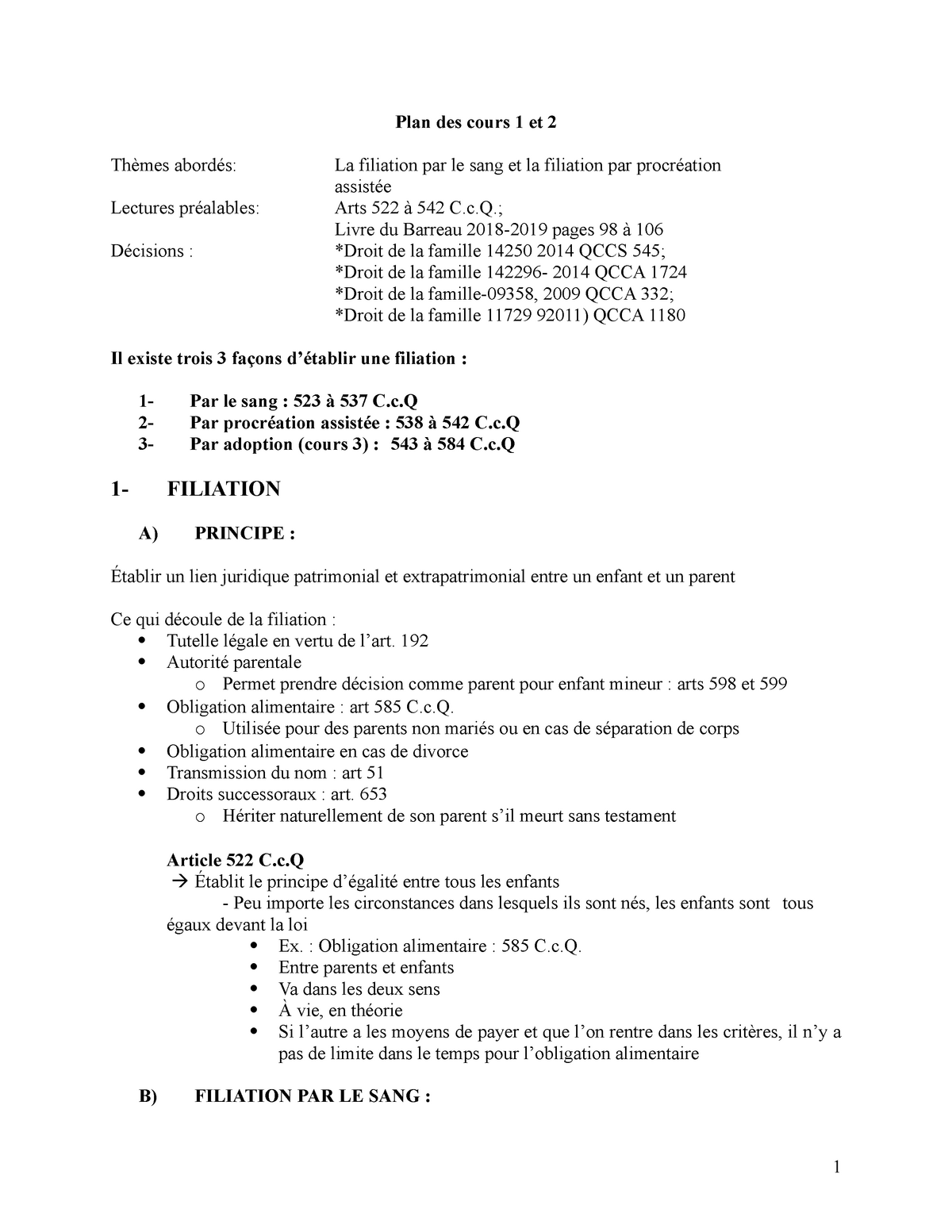 Famille Notes De Cours 1 12 Plan Des Cours 1 Et 2 Thèmes Abordés La Filiation Par Le Sang